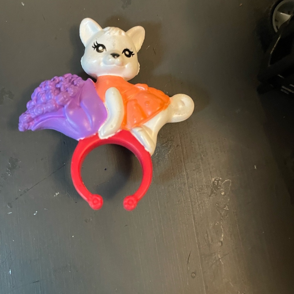 Vintage Polly pocket white Cat Toy Ring with Orange and Purple Dress